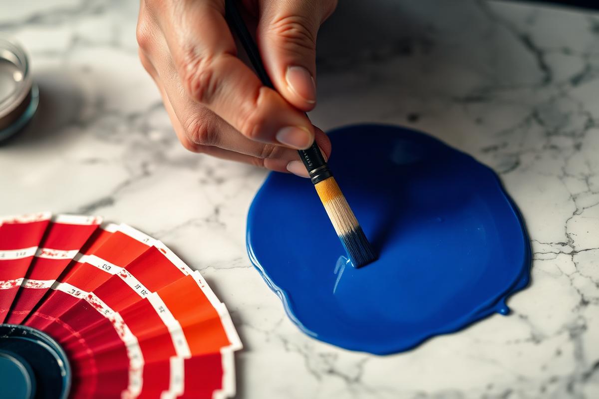 Master painter dipping a brush into cobalt blue paint beside crimson colour swatches